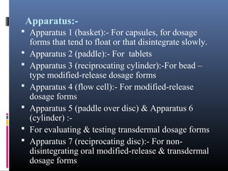 Apparatus:-
 Apparatus 1 (basket):- For capsules, for dosage
forms that tend to float or that disintegrate slowly.
 Apparatus 2 (paddle):- For tablets
 Apparatus 3 (reciprocating cylinder):-For bead –
type modified-release dosage forms
 Apparatus 4 (flow cell):- For modified-release
dosage forms
 Apparatus 5 (paddle over disc) & Apparatus 6
(cylinder) :-
 For evaluating & testing transdermal dosage forms
 Apparatus 7 (reciprocating disc):- For non-
disintegrating oral modified-release & transdermal
dosage forms
 