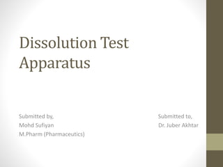 Dissolution Test
Apparatus
Submitted by, Submitted to,
Mohd Sufiyan Dr. Juber Akhtar
M.Pharm (Pharmaceutics)
 