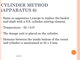 CYLINDER METHOD
(APPARATUS 6)
   Same as apparatus 1,except to replace the basket
    and shaft with a S.S. cylinder stirring element.
   Temperature - 32 ± 0.5°
   The dosage unit is placed on the cylinder.
   Distance between the inside bottom of the vessel
    and cylinder is maintained at 25 ± 2 mm.



             12/08/12                             30
 