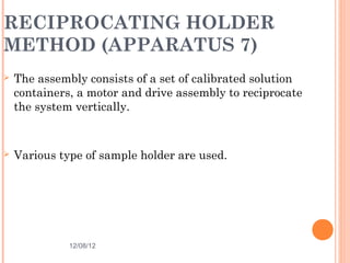 RECIPROCATING HOLDER
METHOD (APPARATUS 7)
   The assembly consists of a set of calibrated solution
    containers, a motor and drive assembly to reciprocate
    the system vertically.


   Various type of sample holder are used.




              12/08/12                                31
 