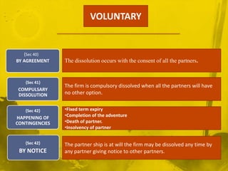 VOLUNTARYThe dissolution occurs with the consent of all the partners.The firm is compulsory dissolved when all the partners will have no other option.Fixed term expiry