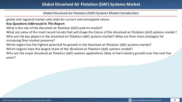© Dhirtek Business Research and Consulting Private Limited www.dhirtekbusinessresearch.com
Global Dissolved Air Flotation (DAF) Systems Market
Global Dissolved Air Flotation (DAF) Systems Market Introduction
8
global and regional market sales data for current and anticipated values.
Key Questions Addressed in This Report
What is the size of the dissolved air flotation (daf) systems market?
What are some of the most recent trends that will shape the future of the dissolved air flotation (daf) systems market?
Who are the key players in the dissolved air flotation (daf) systems market? What are their main strategies for
increasing their market presence?
Which region has the highest potential for growth in the dissolved air flotation (daf) systems market?
Which regions have the largest share of the dissolved air flotation (daf) systems market?
Who are the major dissolved air flotation (daf) systems applications likely to fuel industry growth over the next five
years?
 