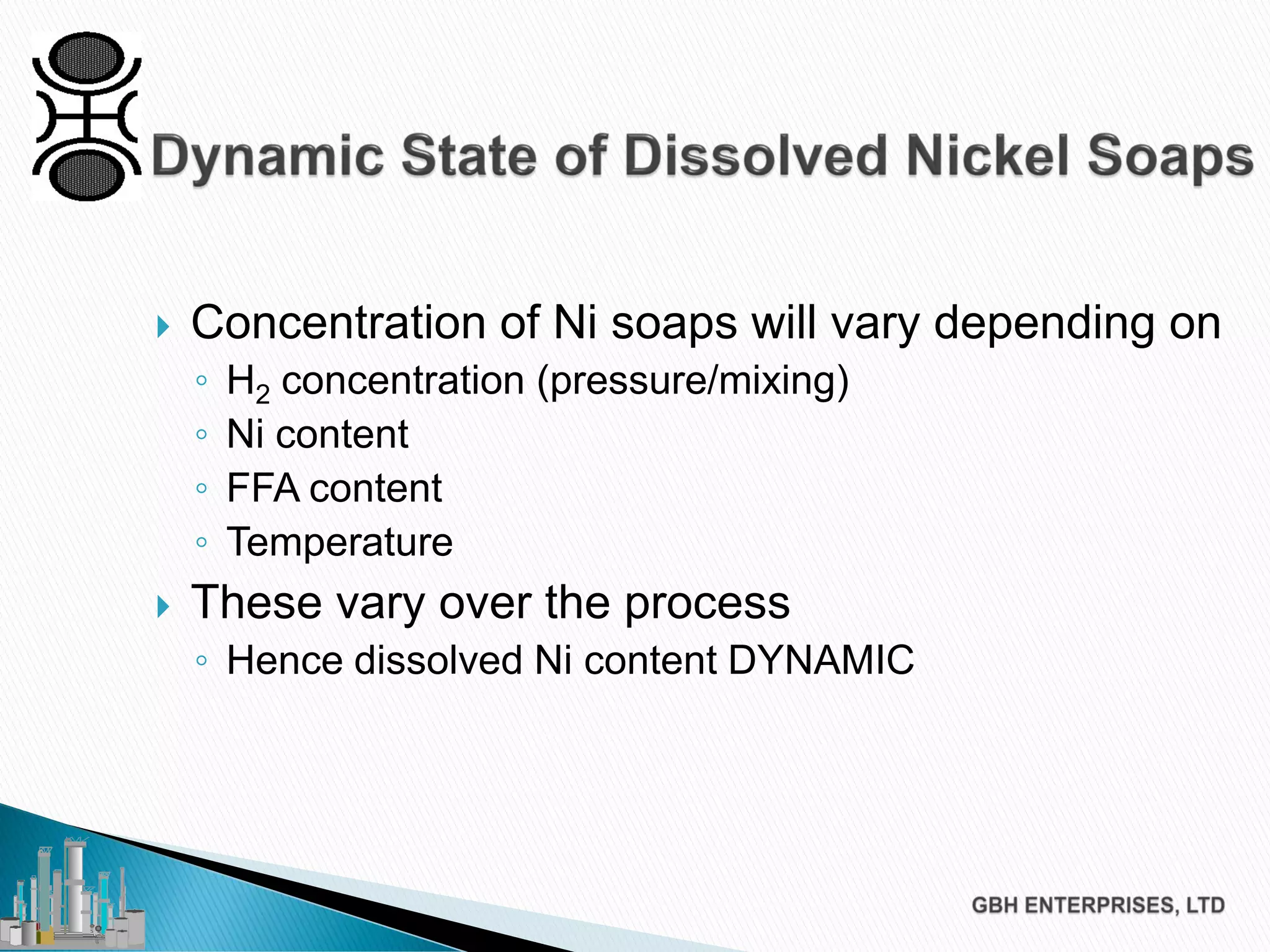  Concentration of Ni soaps will vary depending on
◦ H2 concentration (pressure/mixing)
◦ Ni content
◦ FFA content
◦ Temperature
 These vary over the process
◦ Hence dissolved Ni content DYNAMIC
 