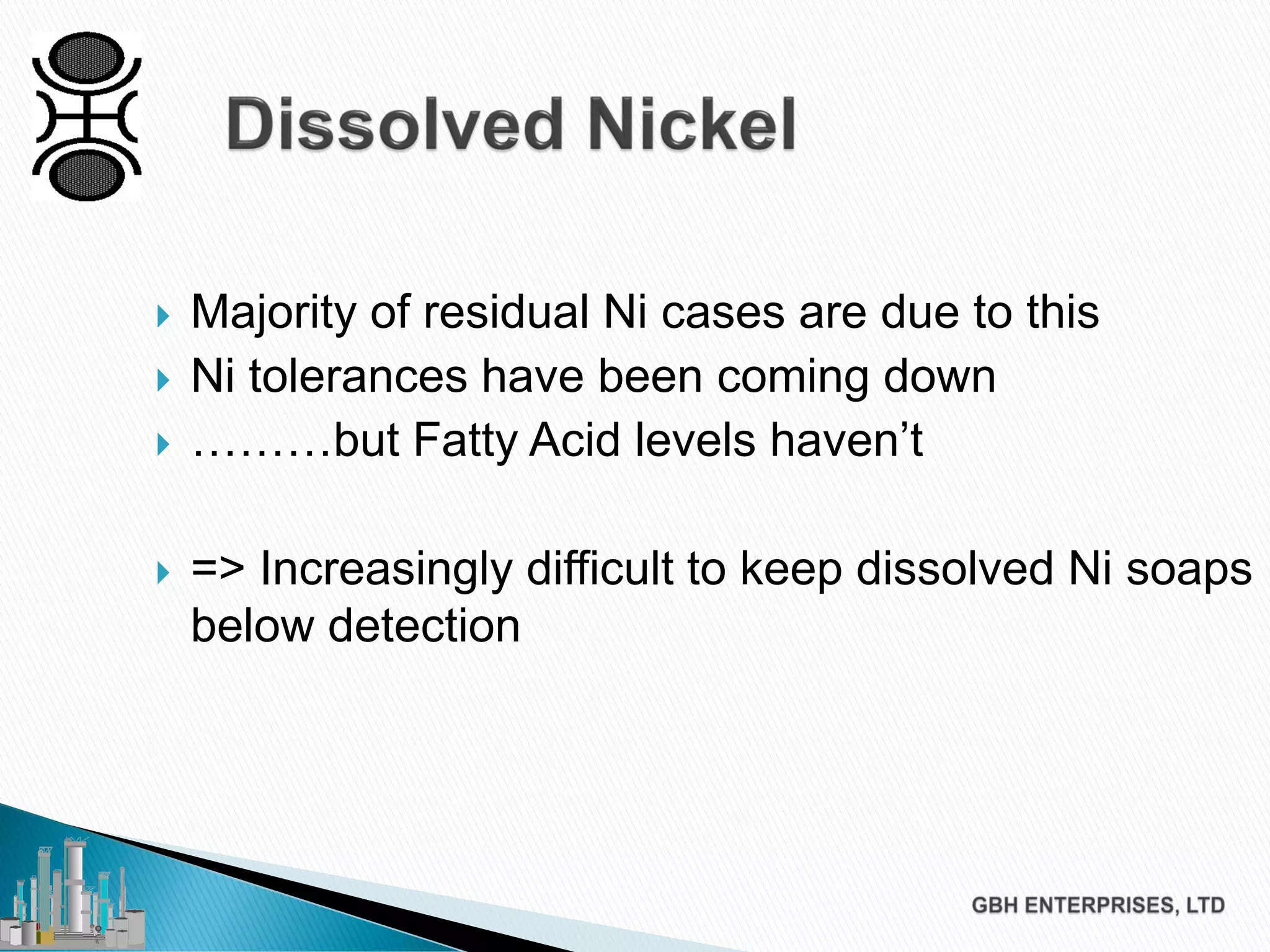  Majority of residual Ni cases are due to this
 Ni tolerances have been coming down
 ………but Fatty Acid levels haven’t
 => Increasingly difficult to keep dissolved Ni soaps
below detection
 