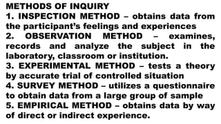 METHODS OF INQUIRY
1. INSPECTION METHOD – obtains data from
the participant’s feelings and experiences
2. OBSERVATION METHOD – examines,
records and analyze the subject in the
laboratory, classroom or institution.
3. EXPERIMENTAL METHOD – tests a theory
by accurate trial of controlled situation
4. SURVEY METHOD – utilizes a questionnaire
to obtain data from a large group of sample
5. EMPIRICAL METHOD – obtains data by way
of direct or indirect experience.
 