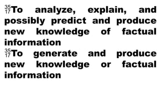 To analyze, explain, and
possibly predict and produce
new knowledge of factual
information
To generate and produce
new knowledge or factual
information
 
