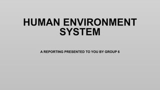 HUMAN ENVIRONMENT
SYSTEM
A REPORTING PRESENTED TO YOU BY GROUP 6
 