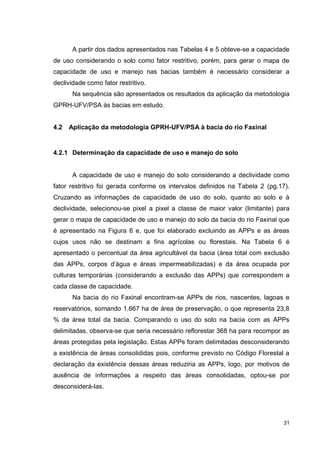 31
A partir dos dados apresentados nas Tabelas 4 e 5 obteve-se a capacidade
de uso considerando o solo como fator restritivo, porém, para gerar o mapa de
capacidade de uso e manejo nas bacias também é necessário considerar a
declividade como fator restritivo.
Na sequência são apresentados os resultados da aplicação da metodologia
GPRH-UFV/PSA às bacias em estudo.
4.2 Aplicação da metodologia GPRH-UFV/PSA à bacia do rio Faxinal
4.2.1 Determinação da capacidade de uso e manejo do solo
A capacidade de uso e manejo do solo considerando a declividade como
fator restritivo foi gerada conforme os intervalos definidos na Tabela 2 (pg.17).
Cruzando as informações de capacidade de uso do solo, quanto ao solo e à
declividade, selecionou-se pixel a pixel a classe de maior valor (limitante) para
gerar o mapa de capacidade de uso e manejo do solo da bacia do rio Faxinal que
é apresentado na Figura 6 e, que foi elaborado excluindo as APPs e as áreas
cujos usos não se destinam a fins agrícolas ou florestais. Na Tabela 6 é
apresentado o percentual da área agricultável da bacia (área total com exclusão
das APPs, corpos d’água e áreas impermeabilizadas) e da área ocupada por
culturas temporárias (considerando a exclusão das APPs) que correspondem a
cada classe de capacidade.
Na bacia do rio Faxinal encontram-se APPs de rios, nascentes, lagoas e
reservatórios, somando 1.667 ha de área de preservação, o que representa 23,8
% da área total da bacia. Comparando o uso do solo na bacia com as APPs
delimitadas, observa-se que seria necessário reflorestar 368 ha para recompor as
áreas protegidas pela legislação. Estas APPs foram delimitadas desconsiderando
a existência de áreas consolididas pois, conforme previsto no Código Florestal a
declaração da existência dessas áreas reduziria as APPs, logo, por motivos de
ausência de informações a respeito das áreas consolidadas, optou-se por
desconsiderá-las.
 