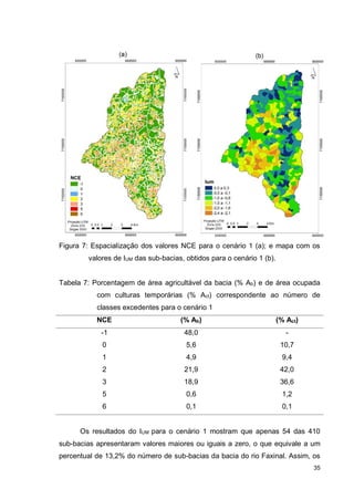 35
Figura 7: Espacialização dos valores NCE para o cenário 1 (a); e mapa com os
valores de IUM das sub-bacias, obtidos para o cenário 1 (b).
Tabela 7: Porcentagem de área agricultável da bacia (% Ab) e de área ocupada
com culturas temporárias (% Act) correspondente ao número de
classes excedentes para o cenário 1
NCE (% Ab) (% Act)
-1 48,0 -
0 5,6 10,7
1 4,9 9,4
2 21,9 42,0
3 18,9 36,6
5 0,6 1,2
6 0,1 0,1
Os resultados do IUM para o cenário 1 mostram que apenas 54 das 410
sub-bacias apresentaram valores maiores ou iguais a zero, o que equivale a um
percentual de 13,2% do número de sub-bacias da bacia do rio Faxinal. Assim, os
 