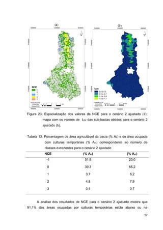57
Figura 23: Espacialização dos valores de NCE para o cenário 2 ajustado (a);
mapa com os valores de IUM das sub-bacias obtidos para o cenário 2
ajustado (b).
Tabela 13: Porcentagem de área agricultável da bacia (% Ab) e de área ocupada
com culturas temporárias (% Act) correspondente ao número de
classes excedentes para o cenário 2 ajustado
NCE (% Ab) (% Act)
-1 51,8 20,0
0 39,3 65,2
1 3,7 6,2
2 4,8 7,9
3 0,4 0,7
A análise dos resultados de NCE para o cenário 2 ajustado mostra que
91,1% das áreas ocupadas por culturas temporárias estão abaixo ou na
 