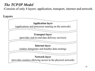 The TCP/IP Model 
-Consists of only 4 layers: application, transport, internet and network. 
18 
Layers 
Application layer 
(applications and processes running on the network) 
Transport layer 
(provides end-to-end data delivery services) 
Internet layer 
(makes datagrams and handles data routing) 
Network layer 
(provides routines allowing access to the physical network) 
 