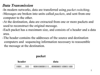 Data Transmission 
-In modern networks, data are transferred using packet switching. 
-Messages are broken into units called packets, and sent from one 
computer to the other. 
-At the destination, data are extracted from one or more packets and 
used to reconstruct the original message. 
-Each packet has a maximum size, and consists of a header and a data 
area. 
-The header contains the addresses of the source and destination 
computers and sequencing information necessary to reassemble 
the message at the destination. 
5 
packet 
header data 
1001….101 00010000111…000000110001100 
 