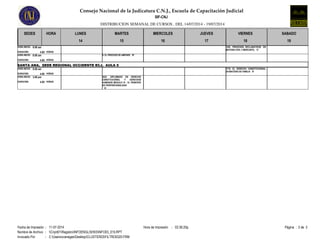 Consejo Nacional de la Judicatura C.N.J., Escuela de Capacitación Judicial
DISTRIBUCION SEMANAL DE CURSOS , DEL 14/07/2014 - 19/07/2014
SIF-CNJ
SEDES HORA LUNES MARTES MIERCOLES JUEVES VIERNES SABADO
14 15 16 17 18 19
8:00 am
4.00DURACION:
HORA INICIO:
HORAS
1303 PROCESOS DECLARATIVOS EN
MATERIA CIVIL Y MERCANTIL 'C'
8:00 am
4.00DURACION:
HORA INICIO:
HORAS
9 EL PROCESO DE AMPARO 'B'
SANTA ANA, SEDE REGIONAL OCCIDENTE ECJ, AULA 5
8:00 am
4.00DURACION:
HORA INICIO:
HORAS
1718 EL DERECHO CONSTITUCIONAL
EN MATERIA DE FAMILIA 'A'
3:00 pm
4.00DURACION:
HORA INICIO:
HORAS
3022 DIPLOMADO EN DERECHO
CONSTITUCIONAL Y DERECHOS
HUMANOS MODULO IV : EL PRINCIPIO
DE PROPORCIONALIDAD
'A'
Fecha de Impresión Página : 3 de 302:36:20p.m.11-07-2014 Hora de Impresión: :
Nombre de Archivo Cnjnt01RegistroINFOENGLISH03INFO03_015.RPT
Invocado Por C:UsersxvanegasDesktopCLUSTER03FILTRO0320.FRM
:
:
 