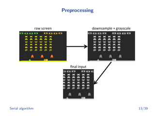 Preprocessing
raw	
  screen	
   downsample	
  +	
  grayscale	
  
ﬁnal	
  input	
  
Serial algorithm 13/39
 