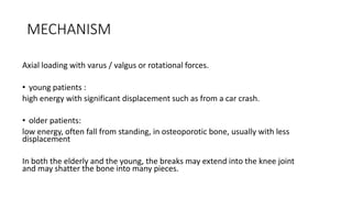 MECHANISM
Axial loading with varus / valgus or rotational forces.
• young patients :
high energy with significant displacement such as from a car crash.
• older patients:
low energy, often fall from standing, in osteoporotic bone, usually with less
displacement
In both the elderly and the young, the breaks may extend into the knee joint
and may shatter the bone into many pieces.
 