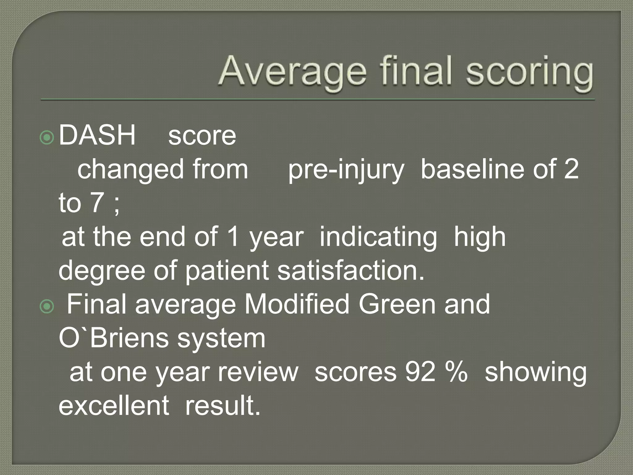 DASH score
changed from pre-injury baseline of 2
to 7 ;
at the end of 1 year indicating high
degree of patient satisfaction.
 Final average Modified Green and
O`Briens system
at one year review scores 92 % showing
excellent result.
 