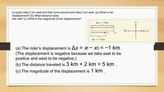 (a) The rider’s displacement is Δx = xf − x0 = −1 km .
(The displacement is negative because we take east to be
positive and west to be negative.)
(b) The distance traveled is 3 km + 2 km = 5 km .
(c) The magnitude of the displacement is 1 km .
A cyclist rides 3 km west and then turns around and rides 2 km east. (a) What is her
displacement? (b) What distance does
she ride? (c) What is the magnitude of her displacement?
 