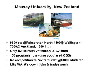 Massey University, New Zealand 9600 sts @Palmerston North;4400@ Wellington; 7000@ Auckland; 1300 intnl Only NZ uni with Vet school & Aviation 150 programs; part-time popular (4 X SS) No competition to “extramural” @18000 students Like WA, #’s down; jobs & trades push 