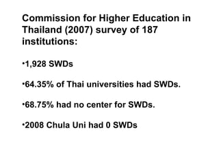 Commission for Higher Education in Thailand (2007) survey of 187 institutions: 1,928 SWDs 64.35% of Thai universities had SWDs.  68.75% had no center for SWDs.  2008 Chula Uni had 0 SWDs 