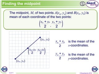© Boardworks 2012
9 of 11
The midpoint, M, of two points A(xa, ya) and B(xb, yb) is
mean of each coordinate of the two points:
is the mean of the
x-coordinates.
is the mean of the
y-coordinates.
Finding the midpoint
xa + xb
ya + yb
2
2
 