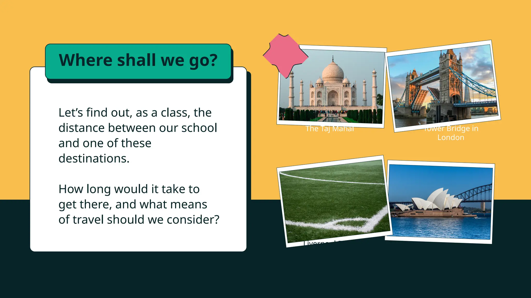 Where shall we go?
Liverpool Football
Club ground
Sydney Opera House
The Taj Mahal Tower Bridge in
London
Let’s find out, as a class, the
distance between our school
and one of these
destinations.
How long would it take to
get there, and what means
of travel should we consider?
 