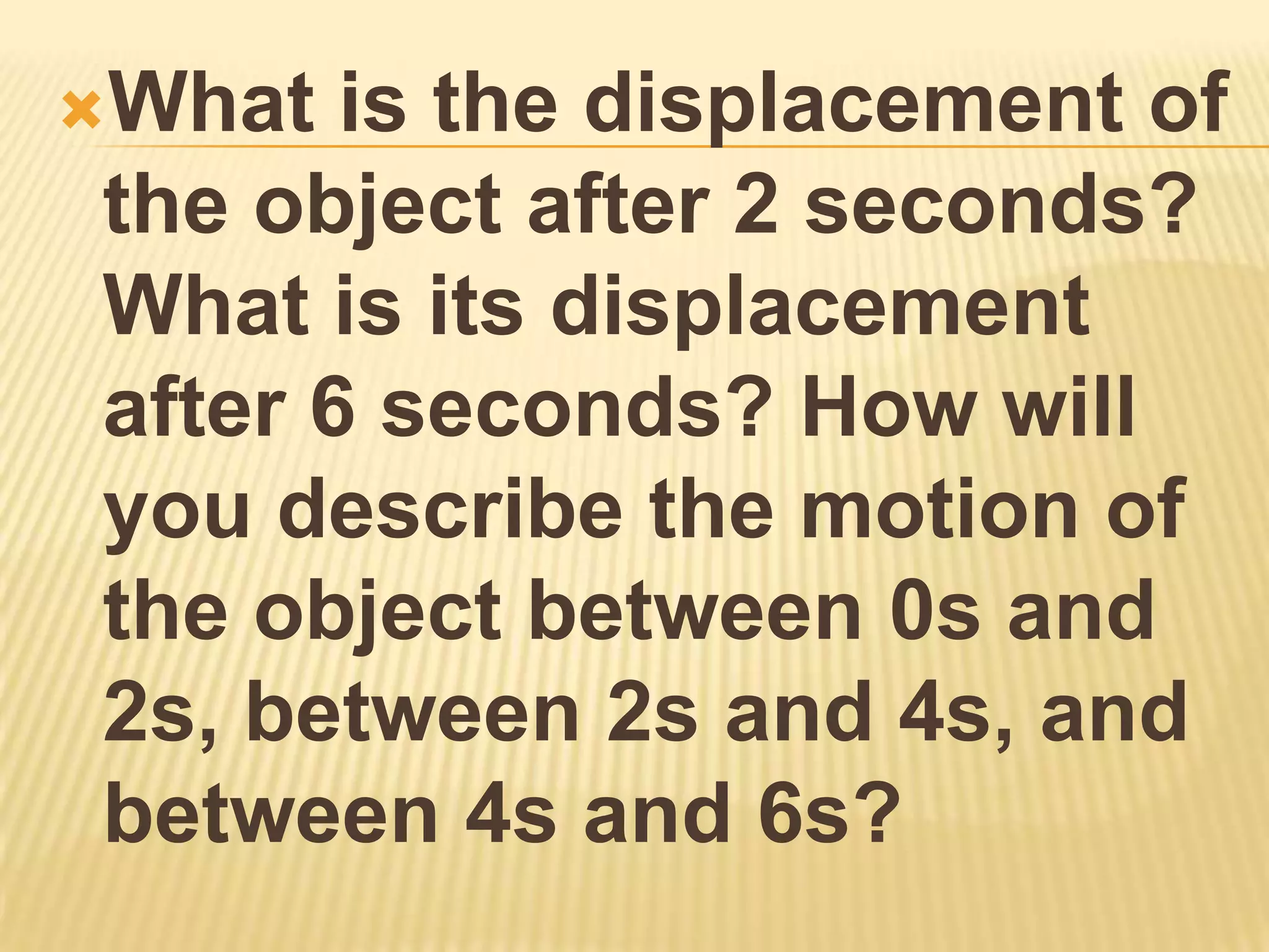 What  is the displacement of
the object after 2 seconds?
What is its displacement
after 6 seconds? How will
you describe the motion of
the object between 0s and
2s, between 2s and 4s, and
between 4s and 6s?
 