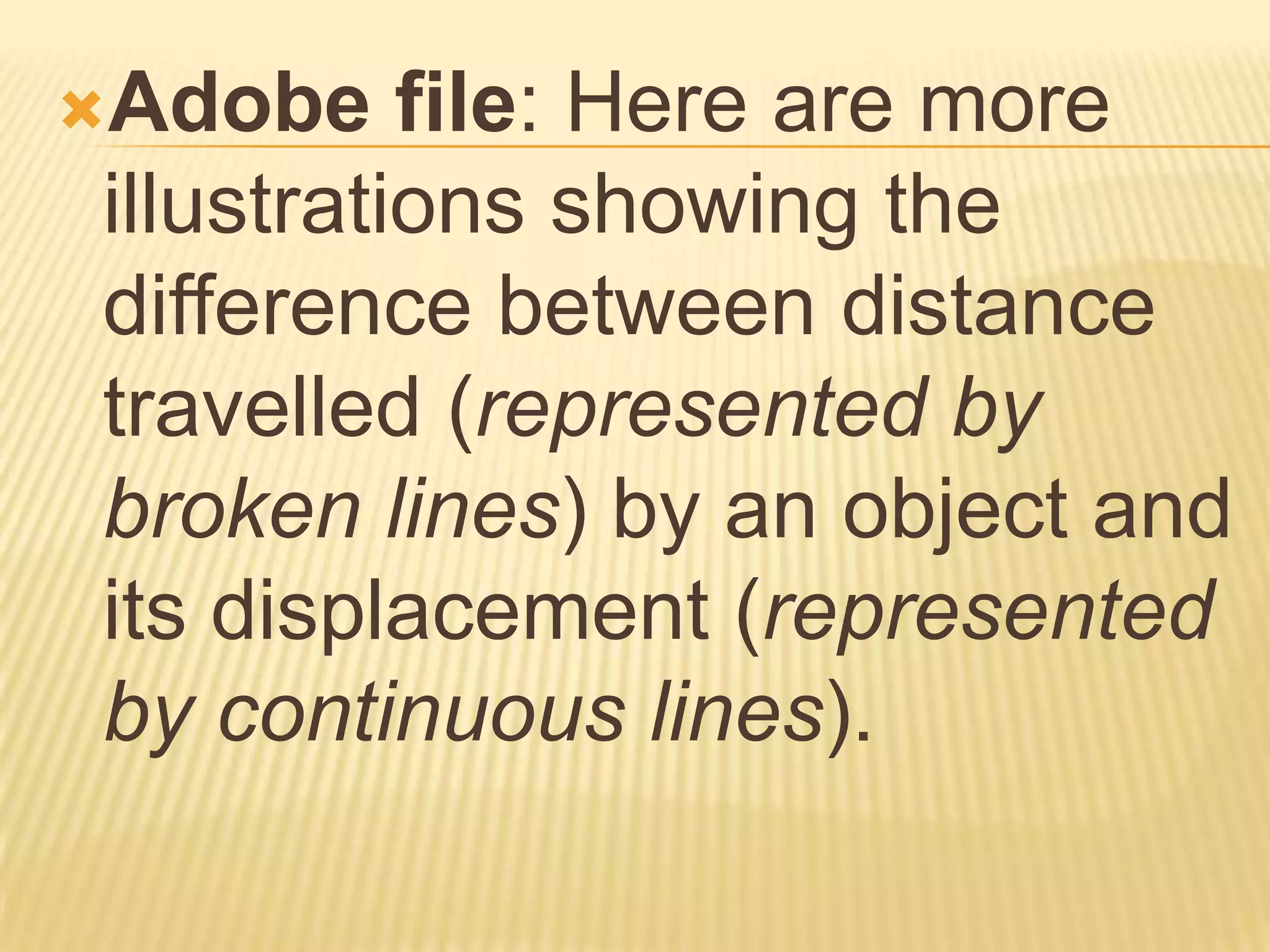 Adobe    file: Here are more
illustrations showing the
difference between distance
travelled (represented by
broken lines) by an object and
its displacement (represented
by continuous lines).
 