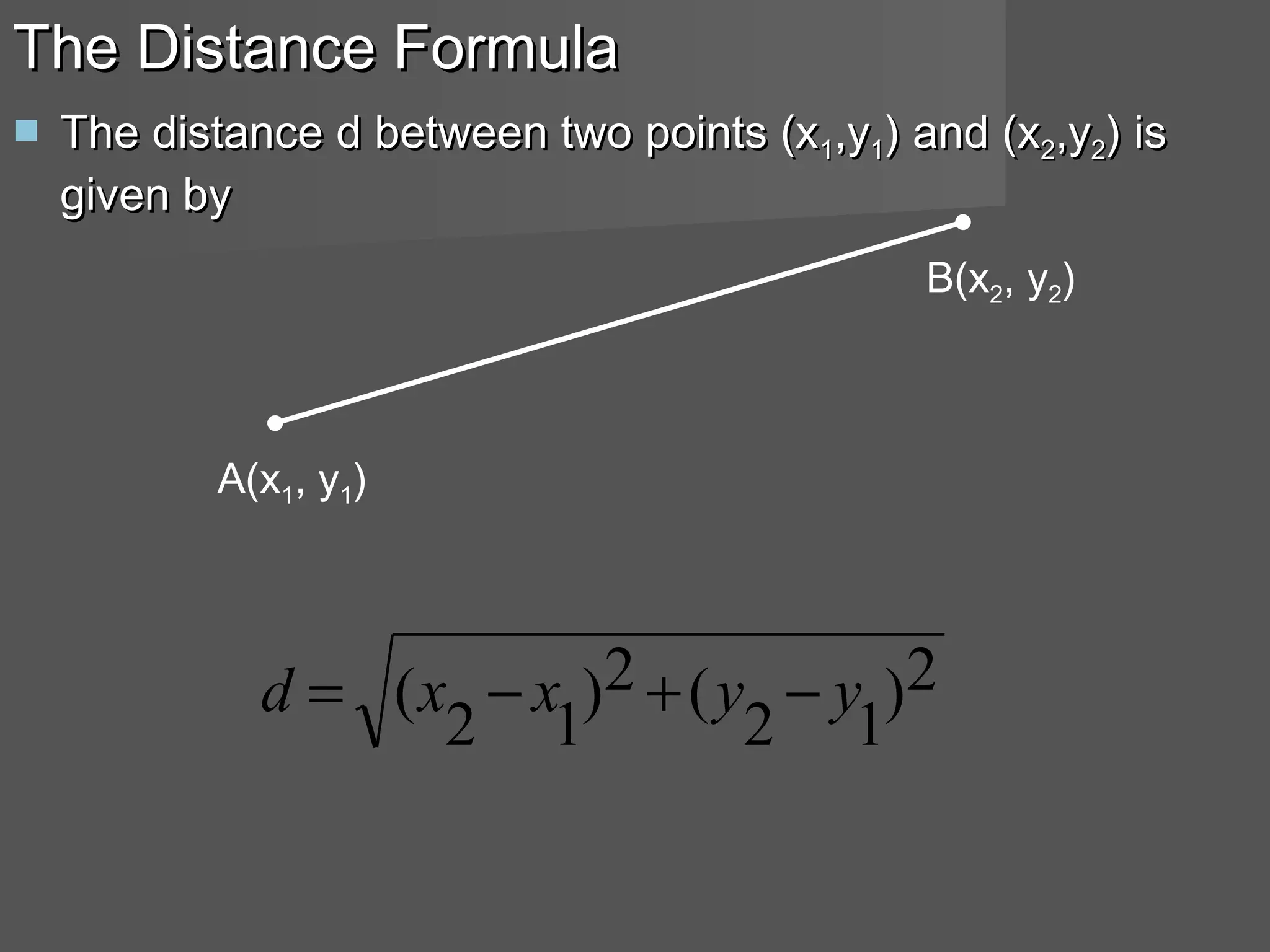 2)
12
(2)
12
( yyxxd −+−=
 The distance d between two points (xThe distance d between two points (x11,y,y11) and (x) and (x22,y,y22) is) is
given bygiven by
The Distance FormulaThe Distance Formula
A(x1, y1)
B(x2, y2)
 