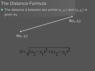 2)
12
(2)
12
( yyxxd −+−=
The distance d between two points (xThe distance d between two points (x11,y,y11) and (x) and (x22,y,y22) is) is
given bygiven by
The Distance FormulaThe Distance Formula
A(x1, y1)
B(x2, y2)
