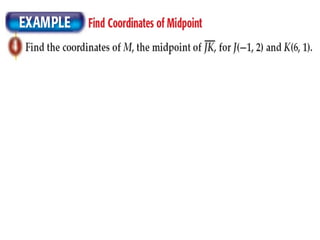 ExampleExample
Find the coordinates of the endpoint X if Y(-1,6) is
the midpoint of XZ and Z (2,8)