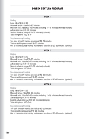 102  ◾
8-Week Century Program
Week 1
Riding:
Long ride of 2:00–2:30
Midweek tempo ride of 40–60 minutes
Midweek brisk ride of 30–40 minutes including 10–15 minutes of mixed intensity
Active recovery of 20–30 minutes
Second active recovery of 20–30 minutes (optional)
Total riding time: 3:30–5:10
Supplementary training:
Two core strength-training sessions of 10–20 minutes
Three stretching sessions of 10–20 minutes
One or two resistance-training maintenance sessions of 20–30 minutes (optional)
Week 2
Riding:
Long ride of 2:30–3:15
Midweek tempo ride of 50–75 minutes
Midweek brisk ride of 40–60 minutes including 10–15 minutes of mixed intensity
Active recovery of 30–40 minutes
Second active recovery of 20–30 minutes (optional)
Total riding time: 4:30–6:40
Supplementary training:
Two core strength-training sessions of 10–20 minutes
Three stretching sessions of 10–20 minutes
One or two resistance-training maintenance sessions of 20–30 minutes (optional)
Week 3
Riding:
Long ride of 3:00–4:00
Midweek tempo ride of 60–90 minutes
Midweek brisk ride of 40–60 minutes including 15–20 minutes of mixed intensity
Active recovery of 30–40 minutes
Second active recovery of 20–30 minutes (optional)
Total riding time: 5:10–7:40
Supplementary training:
Two core strength-training sessions of 10–20 minutes
Three stretching sessions of 10–20 minutes
One or two resistance-training maintenance sessions of 20–30 minutes (optional)
 