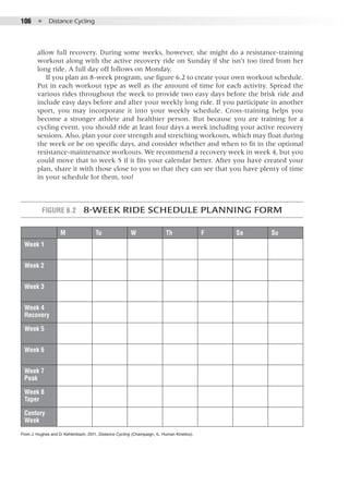 106  ●  Distance Cycling
allow full recovery. During some weeks, however, she might do a resistance-training
workout along with the active recovery ride on Sunday if she isn’t too tired from her
long ride. A full day off follows on Monday.
If you plan an 8-week program, use figure 6.2 to create your own workout schedule.
Put in each workout type as well as the amount of time for each activity. Spread the
various rides throughout the week to provide two easy days before the brisk ride and
include easy days before and after your weekly long ride. If you participate in another
sport, you may incorporate it into your weekly schedule. Cross-training helps you
become a stronger athlete and healthier person. But because you are training for a
cycling event, you should ride at least four days a week including your active recovery
sessions. Also, plan your core strength and stretching workouts, which may float during
the week or be on specific days, and consider whether and when to fit in the optional
resistance-maintenance workouts. We recommend a recovery week in week 4, but you
could move that to week 5 if it fits your calendar better. After you have created your
plan, share it with those close to you so that they can see that you have plenty of time
in your schedule for them, too!
Figure 6.2  8-Week Ride Schedule Planning Form
M Tu W Th F Sa Su
Week 1
Week 2
Week 3
Week 4
Recovery
Week 5
Week 6
Week 7
Peak
Week 8
Taper
Century
Week
From J. Hughes and D. Kehlenbach, 2011, Distance Cycling (Champaign, IL: Human Kinetics).
 