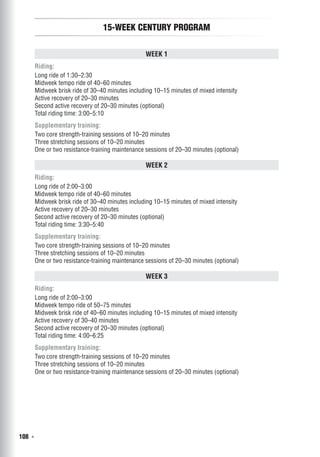 108  ◾
15-Week Century Program
Week 1
Riding:
Long ride of 1:30–2:30
Midweek tempo ride of 40–60 minutes
Midweek brisk ride of 30–40 minutes including 10–15 minutes of mixed intensity
Active recovery of 20–30 minutes
Second active recovery of 20–30 minutes (optional)
Total riding time: 3:00–5:10
Supplementary training:
Two core strength-training sessions of 10–20 minutes
Three stretching sessions of 10–20 minutes
One or two resistance-training maintenance sessions of 20–30 minutes (optional)
Week 2
Riding:
Long ride of 2:00–3:00
Midweek tempo ride of 40–60 minutes
Midweek brisk ride of 30–40 minutes including 10–15 minutes of mixed intensity
Active recovery of 20–30 minutes
Second active recovery of 20–30 minutes (optional)
Total riding time: 3:30–5:40
Supplementary training:
Two core strength-training sessions of 10–20 minutes
Three stretching sessions of 10–20 minutes
One or two resistance-training maintenance sessions of 20–30 minutes (optional)
Week 3
Riding:
Long ride of 2:00–3:00
Midweek tempo ride of 50–75 minutes
Midweek brisk ride of 40–60 minutes including 10–15 minutes of mixed intensity
Active recovery of 30–40 minutes
Second active recovery of 20–30 minutes (optional)
Total riding time: 4:00–6:25
Supplementary training:
Two core strength-training sessions of 10–20 minutes
Three stretching sessions of 10–20 minutes
One or two resistance-training maintenance sessions of 20–30 minutes (optional)
 