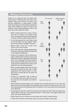 124  ◾
Riding in Pace Lines
Riding in an organized pace line takes skill.
Above about 15 miles per hour (24 km/h), aero-
dynamic drag, even if there is no wind, is the
primary impediment to riding speed. If riders
share the workload of overcoming aerodynamic
drag, those drafting can save as much as 25
percent of their energy. Attending a clinic is the
best way to learn pace line riding.
▶▶ Rider A rides at the front of a line of riders,
from two to a dozen or so. Riders at the
back of a longer line tend to get whipsawed
as speed variations ripple through the line.
▶▶ In a nonracing pace line, rider A sets a pace
so that all riders can stay together rather
than some having to struggle to hang on.
▶▶ Rider A takes a short turn, or pull, at the
front for one to two minutes.
▶▶ Short pulls keep the average speed higher
because a rider drops off the front before he
or she fatigues significantly.
▶▶ If there is no crosswind, riderA checks care-
fully for traffic behind and then moves to the
traffic side of the line, signaling to rider B that
she or he is dropping to the back. Rider A
drops toward the traffic side so that the rest
of the pace line doesn’t have to look out for
traffic from the rear while passing A.
▶▶ Rider A pedals slightly slower than the line
and pulls in behind the last rider. If traffic
approaches from behind while A is drop-
ping, then A should get into the pace line
immediately.
▶▶ If there is a crosswind, rider A drops to
the windward side of the pace line so that
the pace line isn’t disrupted as A drifts to
the back.
▶▶ Rider B takes the lead position and is careful not to increase the pace. A new rider who
gets to the front may be tempted to increase the pace to show how strong she or he is.This
will unnecessarily tire the following riders. The goal is to work as a team and move forward
more efficiently.
▶▶ On level ground rider B is careful to ride at the same speed as rider A did. On rolling terrain
rider B rides so that his or her perceived exertion or heart rate is only slightly higher than
when rider B was drafting rider A.
▶▶ Rider B pulls for just a minute or two and drops back. Rider C takes the lead.
▶▶ If riders don’t have the same fitness, they can vary the duration of their pulls.
Adapted from Panzera, 2010.
No crosswind Slight crosswind
from right
A
B
C
D
A
B
C
D
Start
of line
A
B
C
D
C
B
A
D
First
rider
dropping
B
C
D
A
B
C
D
A
New
line
E5013/HUGHES/405128/FIG 6.5/KH/R2
 