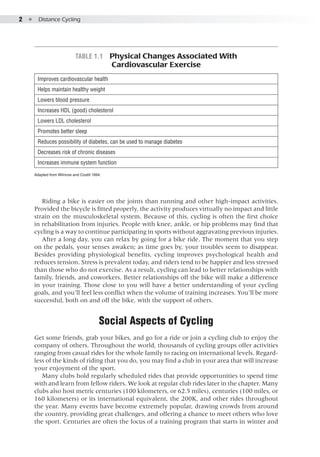 2  ●  Distance Cycling
Riding a bike is easier on the joints than running and other high-impact activities.
Provided the bicycle is fitted properly, the activity produces virtually no impact and little
strain on the musculoskeletal system. Because of this, cycling is often the first choice
in rehabilitation from injuries. People with knee, ankle, or hip problems may find that
cycling is a way to continue participating in sports without aggravating previous injuries.
After a long day, you can relax by going for a bike ride. The moment that you step
on the pedals, your senses awaken; as time goes by, your troubles seem to disappear.
Besides providing physiological benefits, cycling improves psychological health and
reduces tension. Stress is prevalent today, and riders tend to be happier and less stressed
than those who do not exercise. As a result, cycling can lead to better relationships with
family, friends, and coworkers. Better relationships off the bike will make a difference
in your training. Those close to you will have a better understanding of your cycling
goals, and you’ll feel less conflict when the volume of training increases. You’ll be more
successful, both on and off the bike, with the support of others.
Social Aspects of Cycling
Get some friends, grab your bikes, and go for a ride or join a cycling club to enjoy the
company of others. Throughout the world, thousands of cycling groups offer activities
ranging from casual rides for the whole family to racing on international levels. Regard-
less of the kinds of riding that you do, you may find a club in your area that will increase
your enjoyment of the sport.
Many clubs hold regularly scheduled rides that provide opportunities to spend time
with and learn from fellow riders. We look at regular club rides later in the chapter. Many
clubs also host metric centuries (100 kilometers, or 62.5 miles), centuries (100 miles, or
160 kilometers) or its international equivalent, the 200K, and other rides throughout
the year. Many events have become extremely popular, drawing crowds from around
the country, providing great challenges, and offering a chance to meet others who love
the sport. Centuries are often the focus of a training program that starts in winter and
Table 1.1  Physical Changes Associated With
Cardiovascular Exercise
Improves cardiovascular health
Helps maintain healthy weight
Lowers blood pressure
Increases HDL (good) cholesterol
Lowers LDL cholesterol
Promotes better sleep
Reduces possibility of diabetes, can be used to manage diabetes
Decreases risk of chronic diseases
Increases immune system function
Adapted from Wilmore and Costill 1994.
 