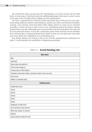 138  ●  Distance Cycling
Be careful that when you increase the carbohydrate you don’t increase the fat with
butter or rich sauces. Your body stores the additional glycogen with water, so don’t worry
if you gain a bit of weight when loading up with carbohydrate.
You have experimented to find the foods and drinks that work best for you; prac-
ticed eating sufficient calories and drinking to satisfy your thirst; and learned to handle,
unwrap, and consume food and drink while riding. Based on what you’ve learned,
assemble a variety of items to take to the event, including nutrition for before, during,
and just after your ride. Although most events provide some food and drink, they may not
be your preferred choices. If you like a particular sports drink and don’t know whether
the event provides it, bring powdered sports drink so that you can add water and make
your own. Resist the temptation to try something new.
You will be taking a lot of gear to the event, and the comprehensive packing list in
table 7.2 will minimize the possibility of forgetting something.
Table 7.2  Event Packing List
Bike items:
Bike
Seat pack
Spare tubes and patch kit
Tool kit (see chapter 5)
Frame pump or CO2 inflators
Computer, heart rate monitor, and power meter (if you use one)
Floor pump
Bottles or hydration pack
Clothing items:
Helmet and mirror
Jersey
Shorts
Gloves
Socks
Shoes
Headband or head cover
Arm and knee or leg warmers
Wind vest, jacket, or raincoat
Glasses
Clean clothes for after the ride
 