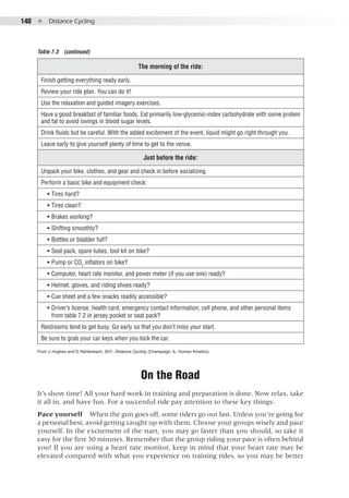 140  ●  Distance Cycling
On the Road
It’s show time! All your hard work in training and preparation is done. Now relax, take
it all in, and have fun. For a successful ride pay attention to these key things:
Pace yourself  When the gun goes off, some riders go out fast. Unless you’re going for
a personal best, avoid getting caught up with them. Choose your groups wisely and pace
yourself. In the excitement of the start, you may go faster than you should, so take it
easy for the first 30 minutes. Remember that the group riding your pace is often behind
you! If you are using a heart rate monitor, keep in mind that your heart rate may be
elevated compared with what you experience on training rides, so you may be better
The morning of the ride:
Finish getting everything ready early.
Review your ride plan. You can do it!
Use the relaxation and guided imagery exercises.
Have a good breakfast of familiar foods. Eat primarily low-glycemic-index carbohydrate with some protein
and fat to avoid swings in blood sugar levels.
Drink fluids but be careful. With the added excitement of the event, liquid might go right through you.
Leave early to give yourself plenty of time to get to the venue.
Just before the ride:
Unpack your bike, clothes, and gear and check in before socializing.
Perform a basic bike and equipment check:
•• Tires hard?
•• Tires clean?
•• Brakes working?
•• Shifting smoothly?
•• Bottles or bladder full?
•• Seat pack, spare tubes, tool kit on bike?
•• Pump or CO2
inflators on bike?
•• Computer, heart rate monitor, and power meter (if you use one) ready?
•• Helmet, gloves, and riding shoes ready?
•• Cue sheet and a few snacks readily accessible?
•• Driver’s license, health card, emergency contact information, cell phone, and other personal items
from table 7.2 in jersey pocket or seat pack?
Restrooms tend to get busy. Go early so that you don’t miss your start.
Be sure to grab your car keys when you lock the car.
From J. Hughes and D. Kehlenbach, 2011, Distance Cycling (Champaign, IL: Human Kinetics).
Table 7.3  (continued)
 