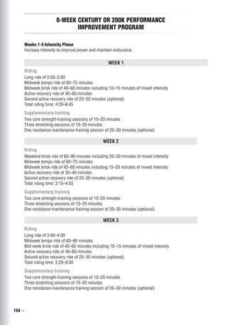 154  ◾
8-Week Century or 200K Performance
Improvement Program
Weeks 1-3 Intensity Phase
Increase intensity to improve power and maintain endurance.
Week 1
Riding
Long ride of 2:00–3:00
Midweek tempo ride of 60–75 minutes
Midweek brisk ride of 40–60 minutes including 10–15 minutes of mixed intensity
Active recovery ride of 40–60 minutes
Second active recovery ride of 20–30 minutes (optional)
Total riding time: 4:20–6:45
Supplementary training
Two core strength-training sessions of 10–20 minutes
Three stretching sessions of 10–20 minutes
One resistance-maintenance training session of 20–30 minutes (optional)
Week 2
Riding
Weekend brisk ride of 60–90 minutes including 20–30 minutes of mixed intensity
Midweek tempo ride of 60–75 minutes
Midweek brisk ride of 45–60 minutes including 15–20 minutes of mixed intensity
Active recovery ride of 30–40 minutes
Second active recovery ride of 20–30 minutes (optional)
Total riding time: 3:15–4:55
Supplementary training
Two core strength-training sessions of 10–20 minutes
Three stretching sessions of 10–20 minutes
One resistance-maintenance training session of 20–30 minutes (optional)
Week 3
Riding
Long ride of 3:00–4:00
Midweek tempo ride of 60–90 minutes
Mid week brisk ride of 40–60 minutes including 10–15 minutes of mixed intensity
Active recovery ride of 40–60 minutes
Second active recovery ride of 20–30 minutes (optional)
Total riding time: 5:20–8:00
Supplementary training
Two core strength-training sessions of 10–20 minutes
Three stretching sessions of 10–20 minutes
One resistance-maintenance training session of 20–30 minutes (optional)
 