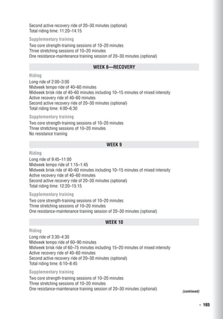   ◾  165
Second active recovery ride of 20–30 minutes (optional)
Total riding time: 11:20–14:15
Supplementary training
Two core strength-training sessions of 10–20 minutes
Three stretching sessions of 10–20 minutes
One resistance-maintenance training session of 20–30 minutes (optional)
Week 8—Recovery
Riding
Long ride of 2:00–3:00
Midweek tempo ride of 40–60 minutes
Midweek brisk ride of 40–60 minutes including 10–15 minutes of mixed intensity
Active recovery ride of 40–60 minutes
Second active recovery ride of 20–30 minutes (optional)
Total riding time: 4:00–6:30
Supplementary training
Two core strength-training sessions of 10–20 minutes
Three stretching sessions of 10–20 minutes
No resistance training
Week 9
Riding
Long ride of 9:45–11:00
Midweek tempo ride of 1:15–1:45
Midweek brisk ride of 40–60 minutes including 10–15 minutes of mixed intensity
Active recovery ride of 40–60 minutes
Second active recovery ride of 20–30 minutes (optional)
Total riding time: 12:20–15:15
Supplementary training
Two core strength-training sessions of 10–20 minutes
Three stretching sessions of 10–20 minutes
One resistance-maintenance training session of 20–30 minutes (optional)
Week 10
Riding
Long ride of 3:30–4:30
Midweek tempo ride of 60–90 minutes
Midweek brisk ride of 60–75 minutes including 15–20 minutes of mixed intensity
Active recovery ride of 40–60 minutes
Second active recovery ride of 20–30 minutes (optional)
Total riding time: 6:10–8:45
Supplementary training
Two core strength-training sessions of 10–20 minutes
Three stretching sessions of 10–20 minutes
One resistance-maintenance training session of 20–30 minutes (optional)
(continued)
 