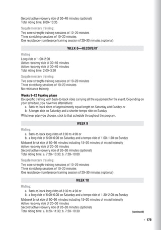   ◾  179
Second active recovery ride of 30–40 minutes (optional)
Total riding time: 8:00–10:35
Supplementary training:
Two core strength-training sessions of 10–20 minutes
Three stretching sessions of 10–20 minutes
One resistance-maintenance training session of 20–30 minutes (optional)
Week 8—Recovery
Riding
Long ride of 1:00–2:00
Active recovery ride of 30–40 minutes
Active recovery ride of 30–40 minutes
Total riding time: 2:00–3:20
Supplementary training:
Two core strength-training sessions of 10–20 minutes
Three stretching sessions of 10–20 minutes
No resistance training
Weeks 9–12 Peaking phase
Do specific training with back-to-back rides carrying all the equipment for the event. Depending on
your schedule, you have two alternatives:
a. 	Back-to-back rides of approximately equal length on Saturday and Sunday or
b. 	A longer ride on Saturday and a shorter tempo ride on Sunday
Whichever plan you choose, stick to that schedule throughout the program.
Week 9
Riding:
a. 	Back-to-back long rides of 3:00 to 4:00 or
b. 	a long ride of 5:00–6:00 on Saturday and a tempo ride of 1:00–1:30 on Sunday
Midweek brisk ride of 60–90 minutes including 15–20 minutes of mixed intensity
Active recovery ride of 20–30 minutes
Second active recovery ride of 20–30 minutes (optional)
Total riding time: a. 7:20–10:30; b. 7:20–10:00
Supplementary training:
Two core strength-training sessions of 10–20 minutes
Three stretching sessions of 10–20 minutes
One resistance-maintenance training session of 20–30 minutes (optional)
Week 10
Riding:
a. 	Back-to-back long rides of 3:30 to 4:30 or
b. 	a long ride of 5:00–6:00 on Saturday and a tempo ride of 1:30–2:00 on Sunday
Midweek brisk ride of 60–90 minutes including 15–20 minutes of mixed intensity
Active recovery ride of 20–30 minutes
Second active recovery ride of 20–30 minutes (optional)
Total riding time: a. 8:20–11:30; b. 7:50–10:30 (continued)
 
