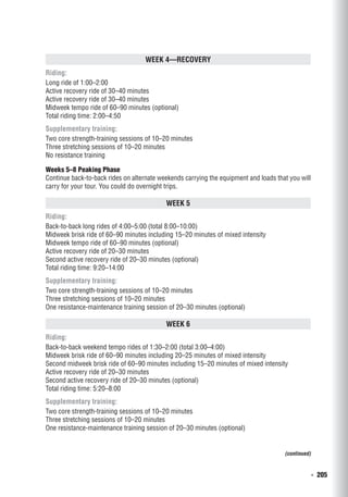   ◾  205
Week 4—Recovery
Riding:
Long ride of 1:00–2:00
Active recovery ride of 30–40 minutes
Active recovery ride of 30–40 minutes
Midweek tempo ride of 60–90 minutes (optional)
Total riding time: 2:00–4:50
Supplementary training:
Two core strength-training sessions of 10–20 minutes
Three stretching sessions of 10–20 minutes
No resistance training
Weeks 5–8 Peaking Phase
Continue back-to-back rides on alternate weekends carrying the equipment and loads that you will
carry for your tour. You could do overnight trips.
Week 5
Riding:
Back-to-back long rides of 4:00–5:00 (total 8:00–10:00)
Midweek brisk ride of 60–90 minutes including 15–20 minutes of mixed intensity
Midweek tempo ride of 60–90 minutes (optional)
Active recovery ride of 20–30 minutes
Second active recovery ride of 20–30 minutes (optional)
Total riding time: 9:20–14:00
Supplementary training:
Two core strength-training sessions of 10–20 minutes
Three stretching sessions of 10–20 minutes
One resistance-maintenance training session of 20–30 minutes (optional)
Week 6
Riding:
Back-to-back weekend tempo rides of 1:30–2:00 (total 3:00–4:00)
Midweek brisk ride of 60–90 minutes including 20–25 minutes of mixed intensity
Second midweek brisk ride of 60–90 minutes including 15–20 minutes of mixed intensity
Active recovery ride of 20–30 minutes
Second active recovery ride of 20–30 minutes (optional)
Total riding time: 5:20–8:00
Supplementary training:
Two core strength-training sessions of 10–20 minutes
Three stretching sessions of 10–20 minutes
One resistance-maintenance training session of 20–30 minutes (optional)
(continued)
 