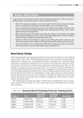 Ultradistance Riding  ●  207
Brevet Series Training
Randonneuring clubs throughout the world host many brevets each year. The standard
series of 200-, 300-, 400-, and 600-kilometer brevets often are held a month apart. If
riding brevets interests you, this program will help you prepare for a series by riding
each brevet as endurance training for the next brevet and using the endurance work-
outs between the brevets to maintain your endurance and practice event skills. For the
program we assume that you have used either of the century (200 km) programs to
complete a 200-kilometer brevet in 9:00 to 10:30, averaging 19 to 22 kilometers per hour
(12 to 14 mph) including off the bike time, without difficulty within the last month. We
also assume that the brevets are scheduled four weeks apart, giving you three weeks to
recover and prepare for the next one, similar to a schedule of riding one century each
month. We assume as well that you are riding to complete the series of brevets, not to
achieve maximum speed.
The training plan assumes the ranges of finish times including brief stops at check-
point controls shown in table 10.3. The ranges take into account differences in terrain
and conditions.
Table 10.3  Assumed Brevet Finishing Times for Training Series
Distance Time
Approximate
speed km/h
Approximate
speed mph Allowed time
200 km 9:00 to 10:30 22 to 19 14 to 12 13:30
300 km 14:30 to 16:30 20.5 to 18 13 to 11.25 20:00
400 km 21:00 to 23:30 19 to 17 12 to 10.5 27:00
600 km 34:00 to 37:30 17.5 to 16 11 to 10 40:00
Safety: Night Riding
Longer brevets include riding in the dark. Some randonneurs spend lots of time and money on
lighting systems, but riding technique is more important than lumens.
▶▶ Ride in the road when possible, not on the shoulder. Car tires tend to keep the roadway
clean. The shoulder has more glass and other debris, which isn’t visible at night.
▶▶ You can easily become focused just on your cone of light or the taillights of another rider.
Learn to scan the road constantly looking for cues illuminated by the moon, stars, or other
light bouncing from the pavement.
▶▶ When riding with others, ride side by side rather than drafting. A conversation when riding
side by side will help keep you alert, and at night riding safely behind someone is difficult
because of poorer visibility and increased reaction time.
▶▶ Speed and effort are more difficult to judge at night. Without illuminated electronics, you
won’t have any data. Learn to listen to your body and use RPE without any external cues.
▶▶ You’re more likely to hit an invisible bump. Ride with the slightly loose grip of a mountain
biker so that you can roll over rough patches without getting thrown.
 