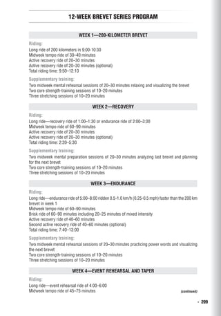   ◾  209
12-Week Brevet Series Program
Week 1—200-Kilometer Brevet
Riding:
Long ride of 200 kilometers in 9:00-10:30
Midweek tempo ride of 30–40 minutes
Active recovery ride of 20–30 minutes
Active recovery ride of 20–30 minutes (optional)
Total riding time: 9:50–12:10
Supplementary training:
Two midweek mental rehearsal sessions of 20–30 minutes relaxing and visualizing the brevet
Two core strength-training sessions of 10–20 minutes
Three stretching sessions of 10–20 minutes
Week 2—Recovery
Riding:
Long ride—recovery ride of 1:00–1:30 or endurance ride of 2:00–3:00
Midweek tempo ride of 60–90 minutes
Active recovery ride of 20–30 minutes
Active recovery ride of 20–30 minutes (optional)
Total riding time: 2:20–5:30
Supplementary training:
Two midweek mental preparation sessions of 20–30 minutes analyzing last brevet and planning
for the next brevet
Two core strength-training sessions of 10–20 minutes
Three stretching sessions of 10–20 minutes
Week 3—Endurance
Riding:
Long ride—endurance ride of 5:00–8:00 ridden 0.5-1.0 km/h (0.25-0.5 mph) faster than the 200 km
brevet in week 1
Midweek tempo ride of 60–90 minutes
Brisk ride of 60–90 minutes including 20–25 minutes of mixed intensity
Active recovery ride of 40–60 minutes
Second active recovery ride of 40–60 minutes (optional)
Total riding time: 7:40–13:00
Supplementary training:
Two midweek mental rehearsal sessions of 20–30 minutes practicing power words and visualizing
the next brevet
Two core strength-training sessions of 10–20 minutes
Three stretching sessions of 10–20 minutes
Week 4—Event Rehearsal and Taper
Riding:
Long ride—event rehearsal ride of 4:00–6:00
Midweek tempo ride of 45–75 minutes (continued)
 