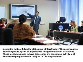 IADIS International Conference Mobile Learning 2012




READINESS OF TEACHERS TO IMPLEMENT OF MOBILE
                 LEARNING
      AT EURASIAN NATIONAL UNIVERSITY



                            Daniyar Sapargaliyev
                             Astana, Kazakhstan


According to State Educational Standard of Kazakhstan: “Distance learning
technologies (DLT) can be implemented in higher education institutions.
                                     Berlin
These institutions need to have licenses for any educational activity in all
                              11-13 March 2012
educational programs where using of DLT is not prohibited.”
 
