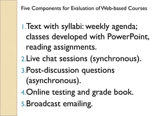 Five Components for Evaluation of Web-based Courses

1.Text

with syllabi: weekly agenda;
classes developed with PowerPoint,
reading assignments.
2.Live chat sessions (synchronous).
3.Post-discussion questions
(asynchronous).
4.Online testing and grade book.
5.Broadcast emailing.

 