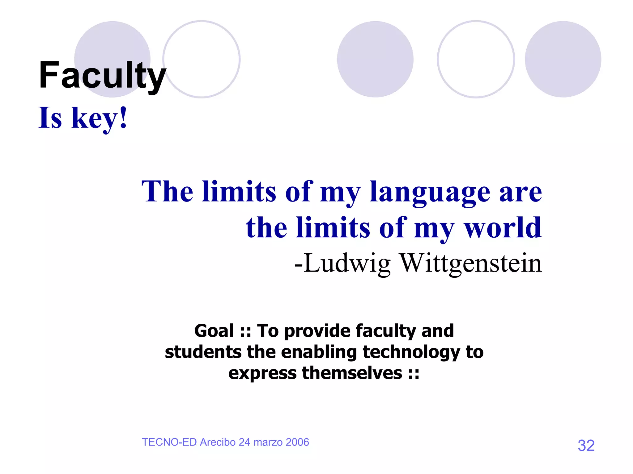 Faculty The limits of my language are the limits of my world -Ludwig Wittgenstein Goal :: To provide faculty and students the enabling technology to express themselves :: Is key! 