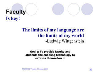 Faculty The limits of my language are the limits of my world -Ludwig Wittgenstein Goal :: To provide faculty and students the enabling technology to express themselves :: Is key! 