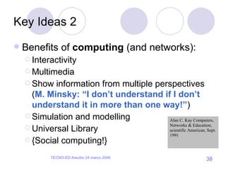 Key Ideas 2 Benefits of  computing  (and networks): Interactivity Multimedia Show information from multiple perspectives ( M. Minsky: “I don’t understand if I don’t understand it in more than one way!” )  Simulation and modelling Universal Library {Social computing!} Alan C. Kay Computers, Networks & Education, scientific American, Sept. 1991 