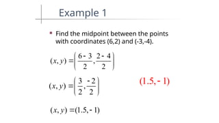 Example 1
 Find the midpoint between the points
with coordinates (6,2) and (-3,-4).
6 3 2 4
( , ) ,
2 2
x y
 
 
 
 
( , ) (1.5, 1)
x y  
3 2
( , ) ,
2 2
x y

 
 
 
(1.5, 1)

 