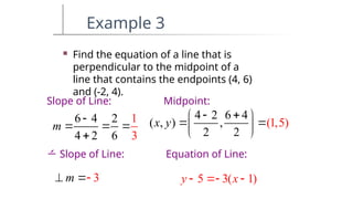 Example 3
 Find the equation of a line that is
perpendicular to the midpoint of a
line that contains the endpoints (4, 6)
and (-2, 4).
Slope of Line:
 Slope of Line:
Midpoint:
Equation of Line:
6 4 2
4 2 6
1
3
m

  

3
m
 
4 2 6 4
( , ) ,
2
(1,5)
2
x y
 
 
 
 
 
5 3( 1)
y x
  
 